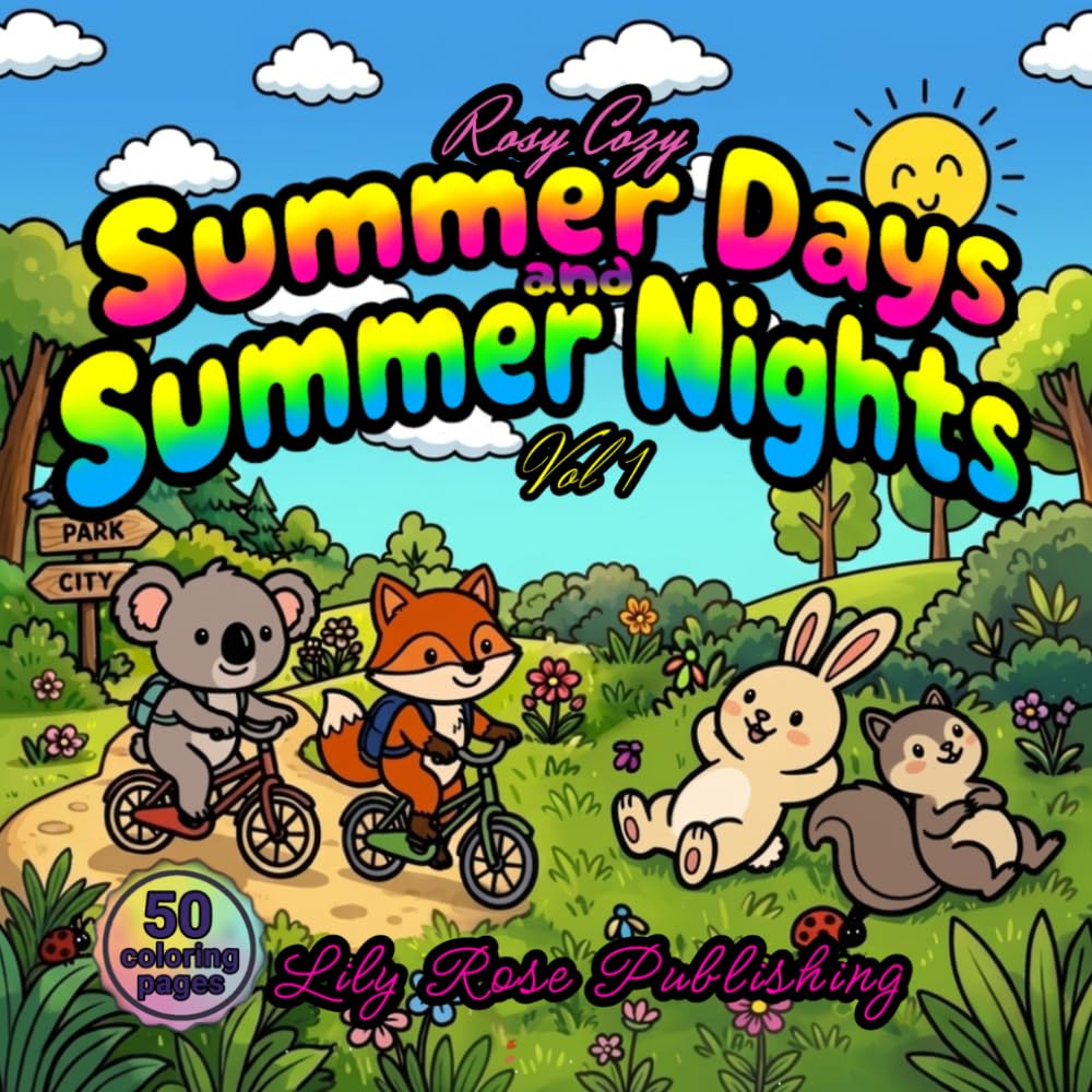 Rosy Cozy : Summer Days and Summer Nights - Vol 1: 50 Hand drawn coloring pages. A Bold and Easy Cozy coloring book for kids, teens and adults : Stress relieving, relaxing and calming coloring book.