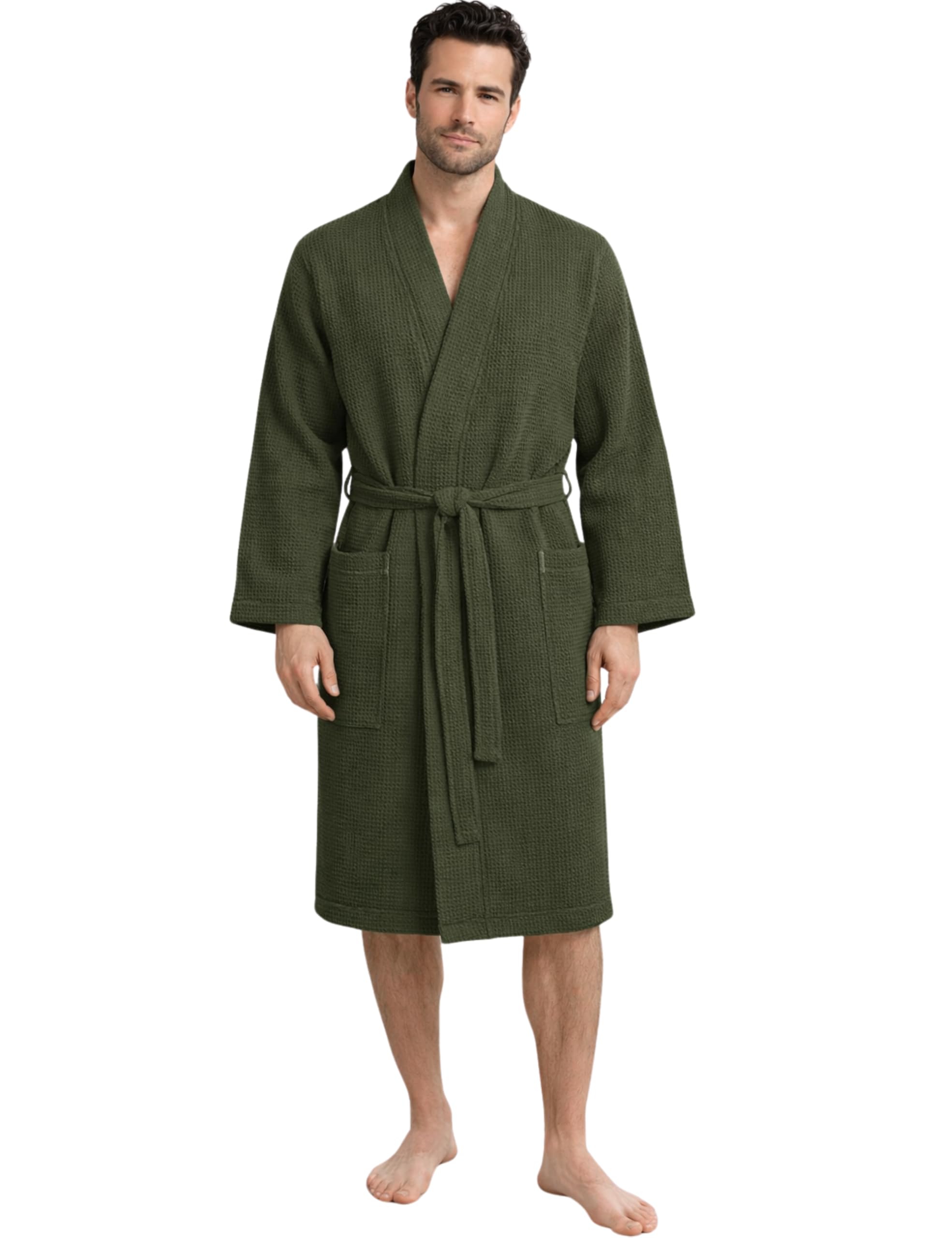Morgenstern Dressing Gown Men Waffle 100% Cotton Lightweight Kimono Bathrobe Olive-Green XXL