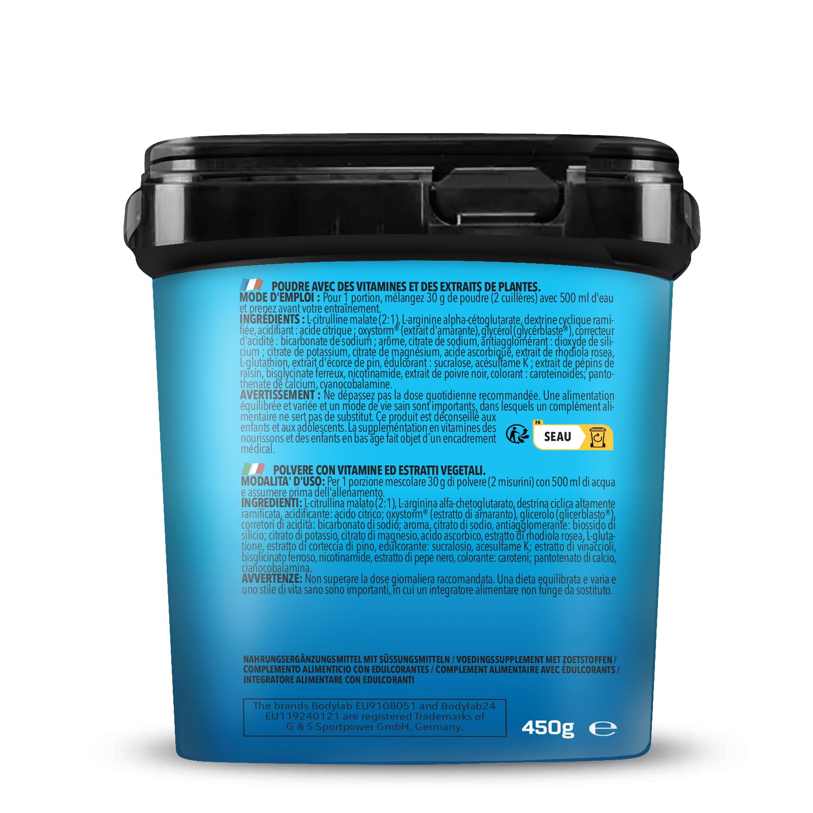 Bodylab24 Bodybuilder Pump Pre Workout Tropical 450g, mit L-Citrullin, L-Arginin, Vitaminen, Mineralstoffen, Glycerin, Dextrin und verschiedenen Pflanzenextrakten, lecker und fruchtig im Geschmack