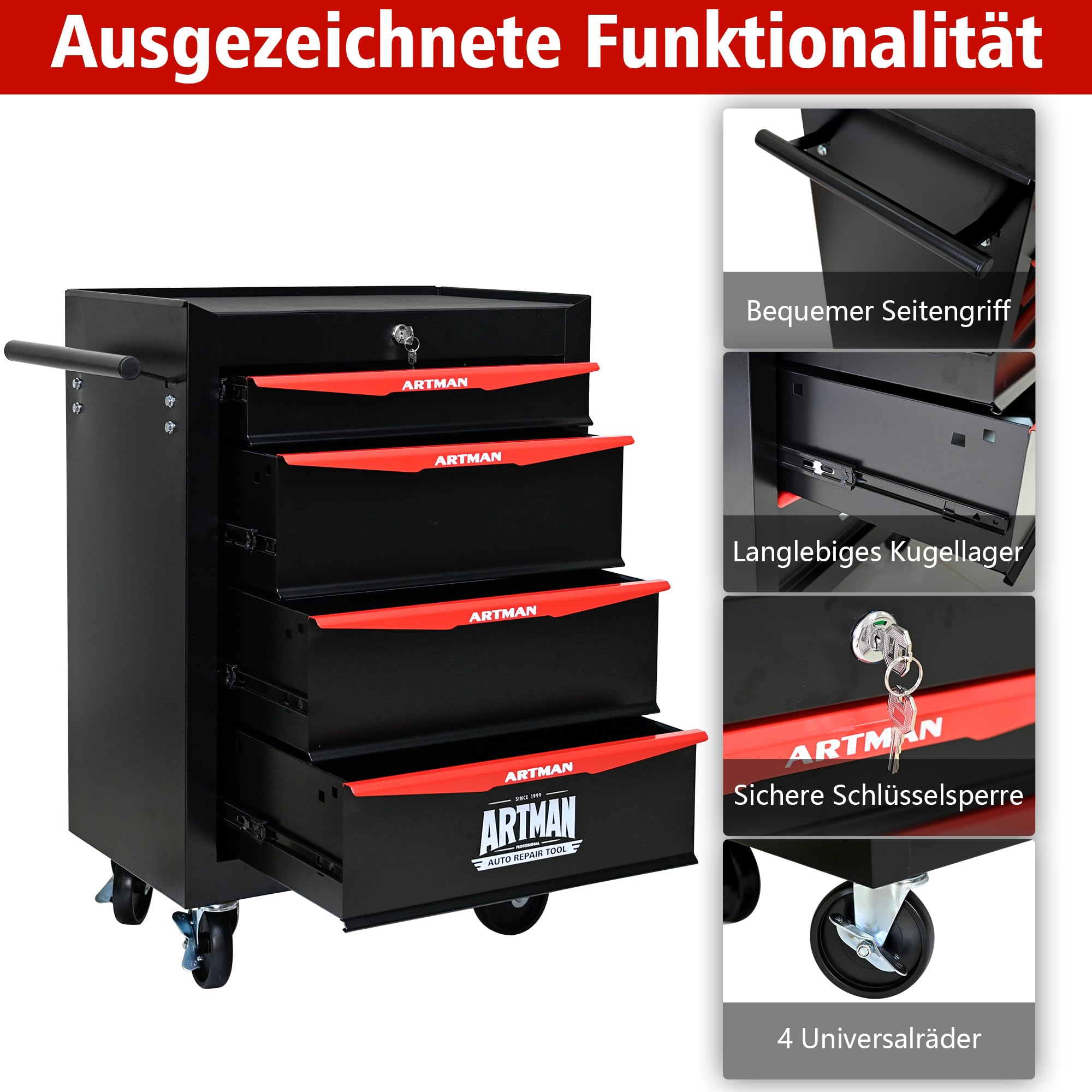 Werkzeugwagen 4 Schubl abschließb kugelgelagert Stahl rollbar