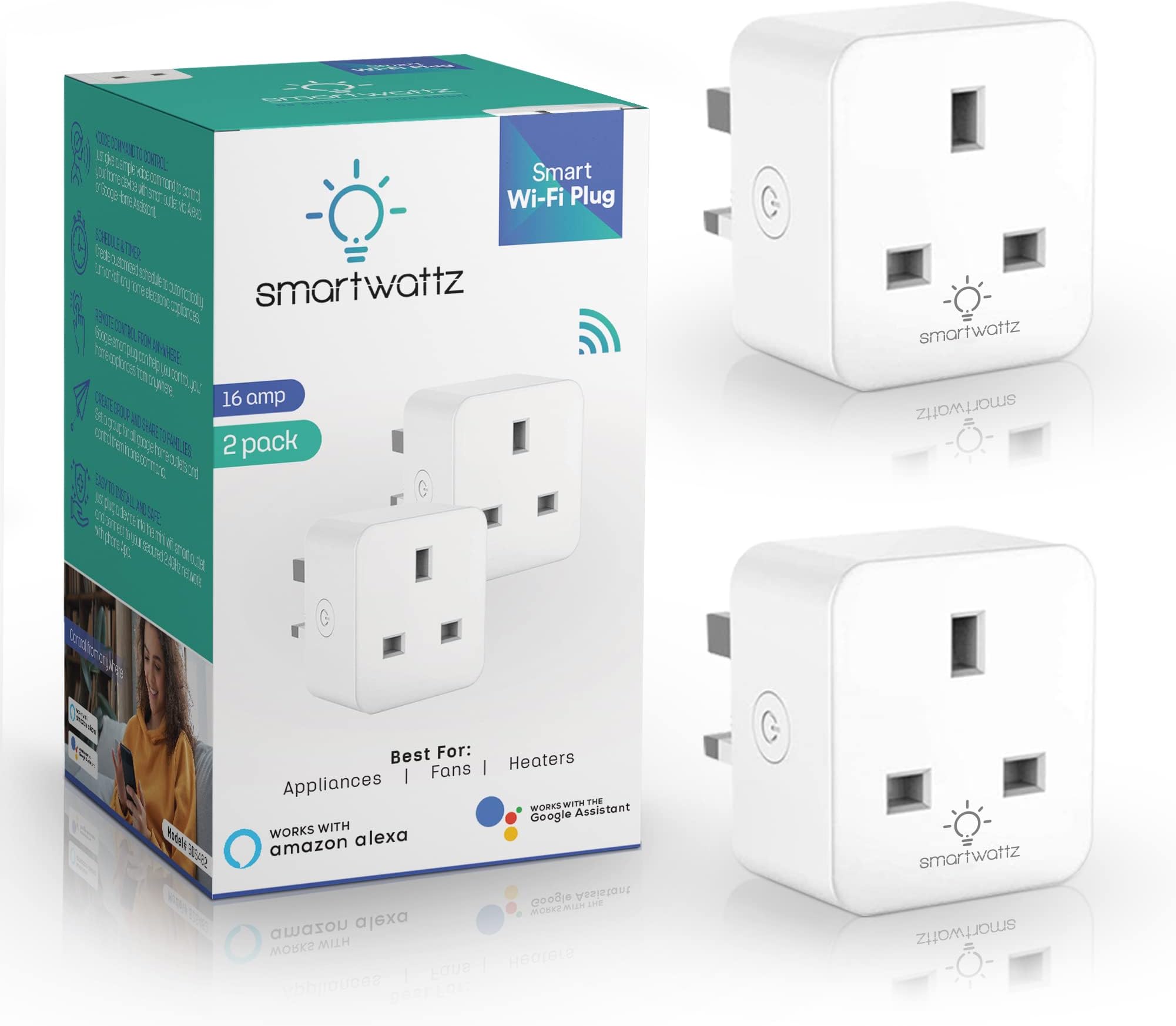 Smartwattz Smart Plugs Wi-Fi Smart Switch works with Alexa Google Tuya Smart Life 16A Smart Plug Remotely control Your Electronics-Smart Plug Home Kit No Hub required(2 Pcs)