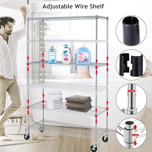 Miniatura 4 de Estantería de alambre resistente de 6 niveles, capacidad de 4800 libras, estante de metal certificado NSF con ruedas, organizador de almacenamiento