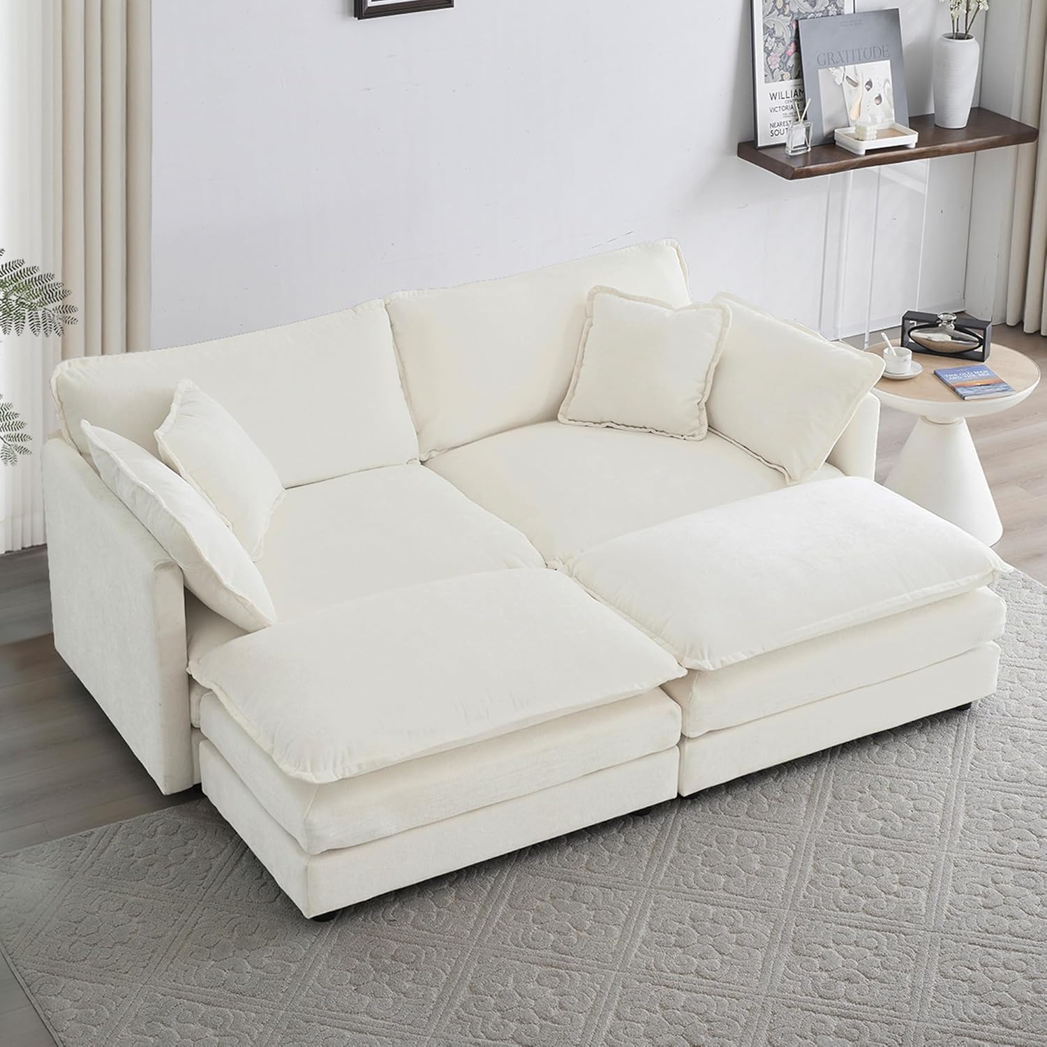 Cloud Loveseat Sofa Modern Deep Seat Sectional Couch with Movable Ottomans, 76.7" Comfy Chenille Loveseat, Modular Sectional Sofa Small Cloud Couch for Living Room Small Space(White)