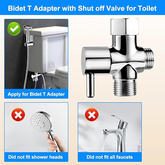 Bidet T Adapter with Shut-Off Valve, Metal T Valve for Bidet, 3-Way Tee Connector 7/8 X16/15 X 1/2”Bidet Attachment for Toilet