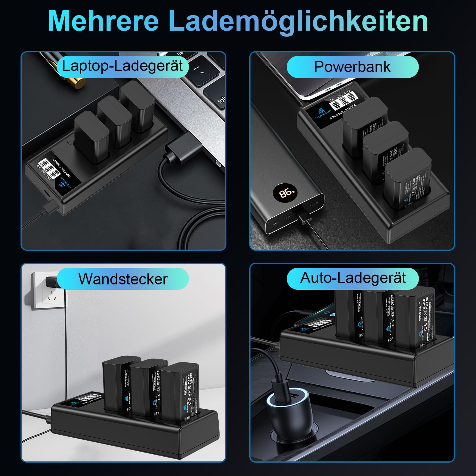 Homesuit NP-FW50 Akku 1300mAh & LCD Ladegerät Kit für Sony Alpha A6000 A6300 A6400 A6500 ZV-E10 7RM2 A7SM2 A7M2 A7II A7RII A7SII A55 A5000 A5100 A3000 RX10 II III IV NEX-3/5/6/7 NEX-F3 (3er-Pack)