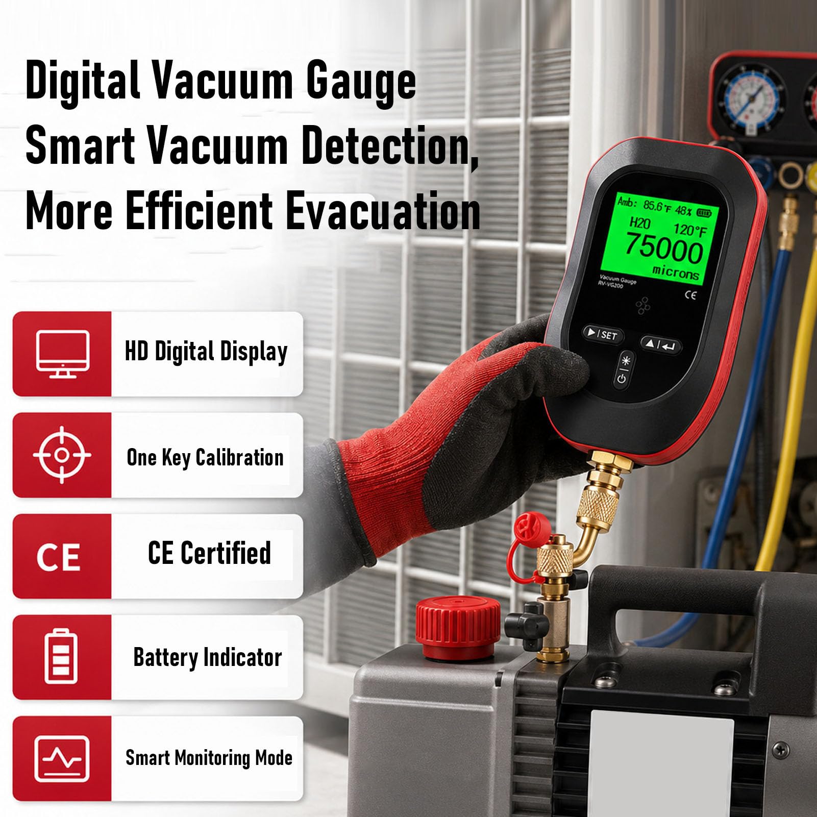 Eujgoov Medidor de Vacío Digital 0-75000 Micrones Probador HVAC 11 Unidades