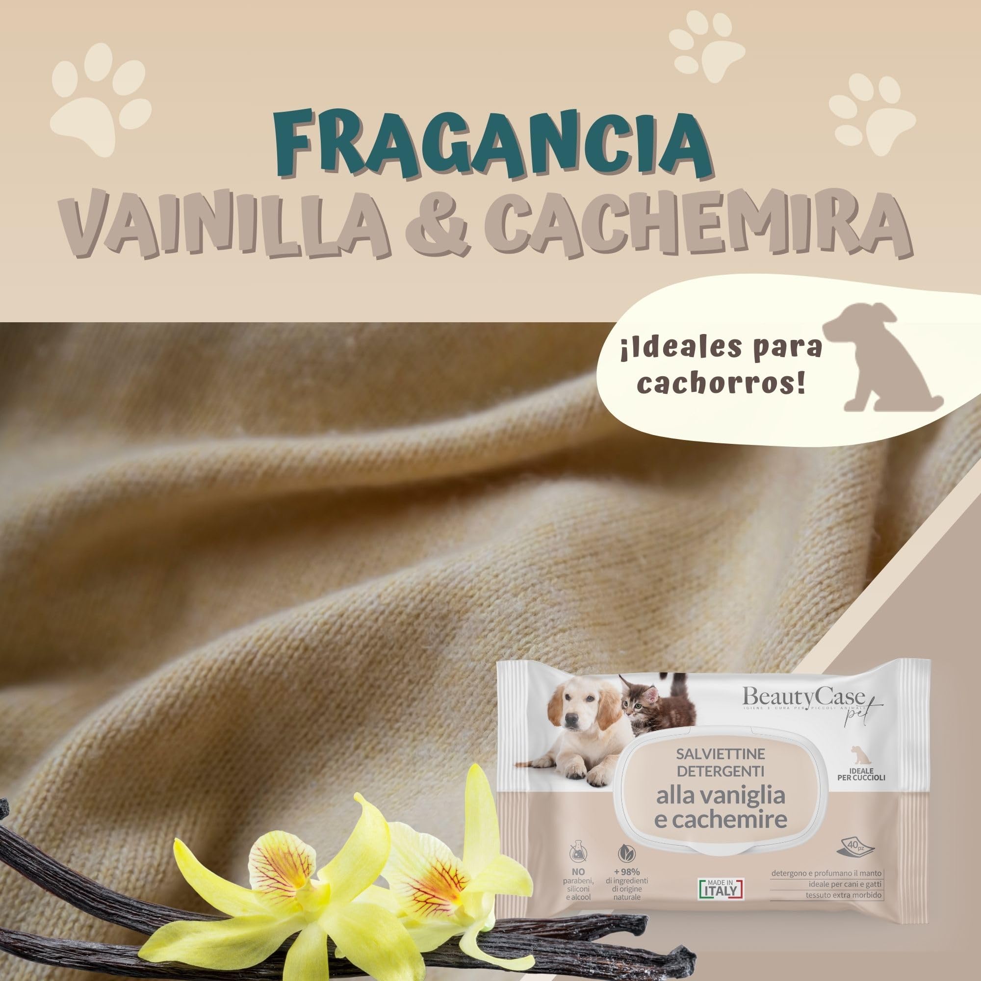 Beauty Case Toallitas para Cachorros 480 uds (12x40) - Toallitas para Perros y Gatos Extra Suaves, Hipoalergénicas, Desodorizantes y Sin Enjuague - Aroma Vainilla y Cachemir