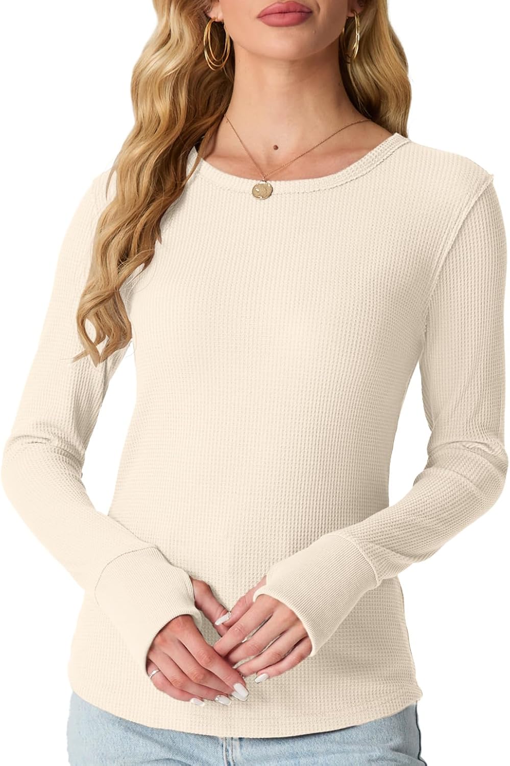 GRECERELLE Waffle Knit Long Sleeve Shirts for Women Crew Neck Slim Fitted Going Out Tops Y2k Outfits - Image 4