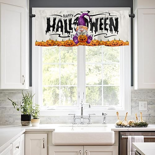 Miniatura 2 de Cenefas de Halloween para ventanas, lindo gnomo morado con cenefa de calabazas, bolsillo para barra, filtro de luz, cenefas cortas para ventana para