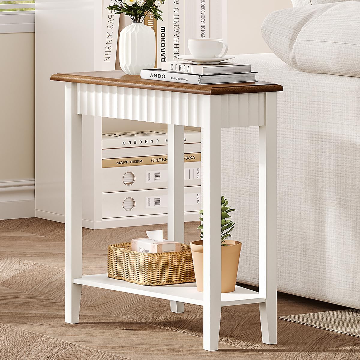 ChooChoo Wedge End Table, Narrow Triangle Side Table with 2-Tier Storage Shelf, Fluted Recliner Side Table for Corner, Living Room, Bedroom, Small Space, White White 1 Pack