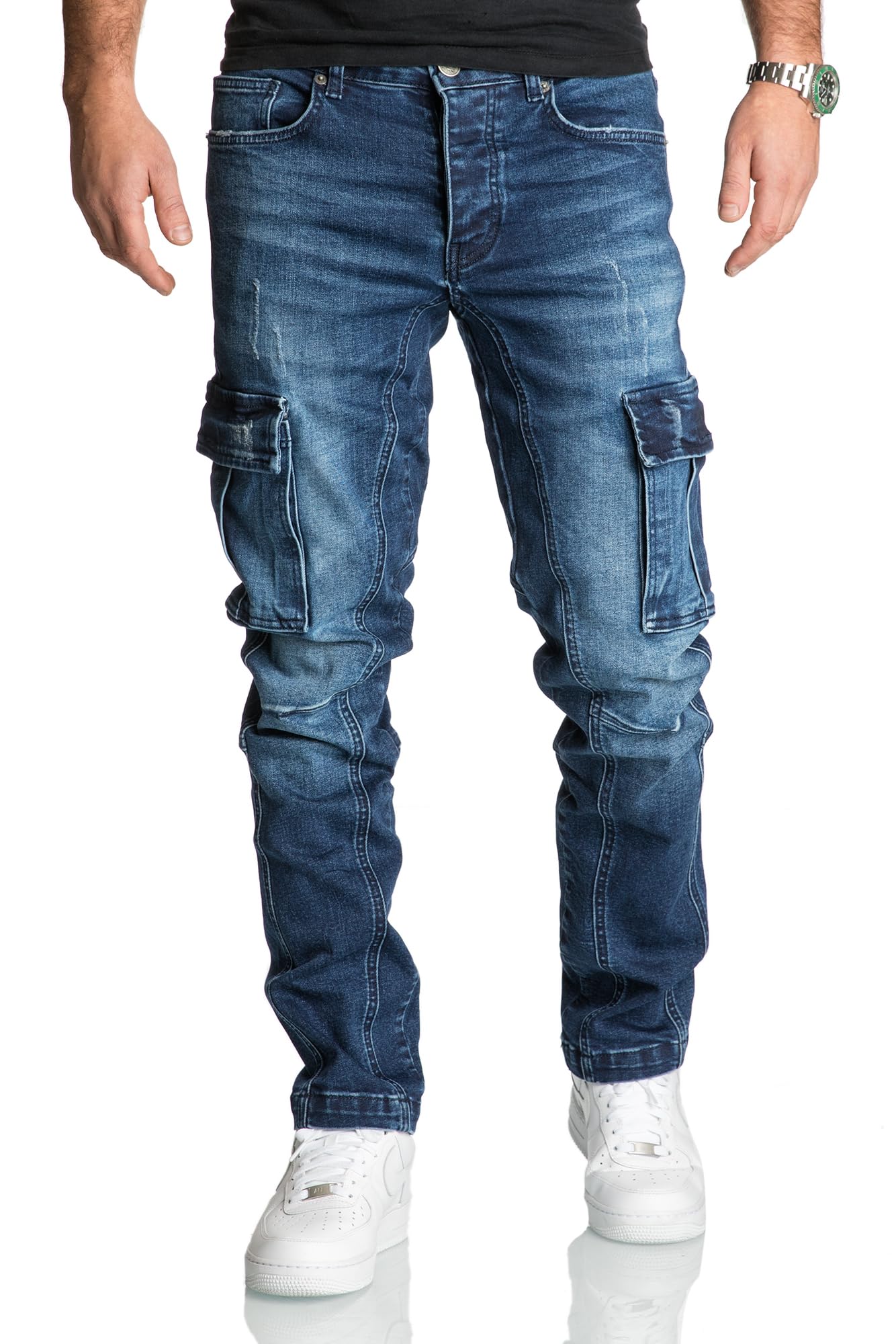 REPUBLIX Herren Cargo Jeans Regular Slim Denim Hose Destroyed R7977