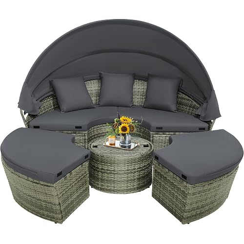 Tangkula Patio Round Daybed with Retractable Canopy, Outdoor Wicker Rattan Furniture Set, Sectional Cushioned Sofa Set with Height Adjustable Coffee Table, Rattan Conversation Set (Grey)