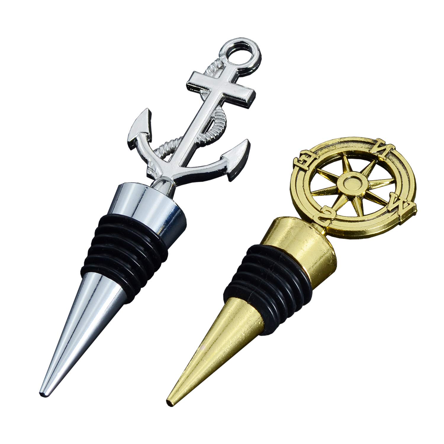 JETKONG Wine and Beverage Bottle Stoppers 2-Pack - Anchor and rudder Design - Stainless Steel Wine Stopper for wine, beer, mineral water, oil, and more.(Silver and Gold)