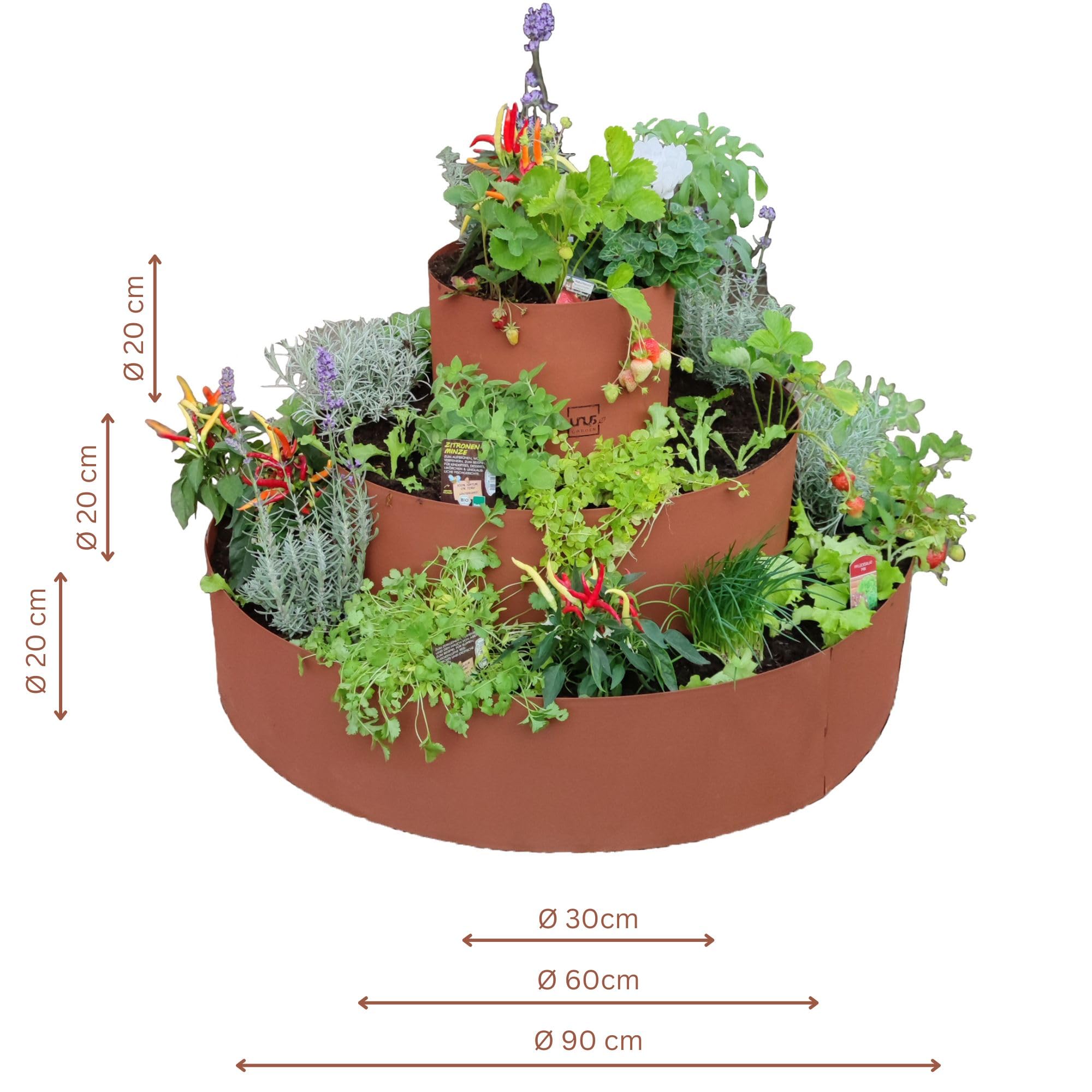 UNUS Garden Spirale per erbe aromatiche effetto ruggine nobile, aiuola rotonda per erbe aromatiche per terrazza e giardino, 3 livelli, Ø 30 cm, 60 cm, 90 cm, spirale per erbe in metallo, effetto