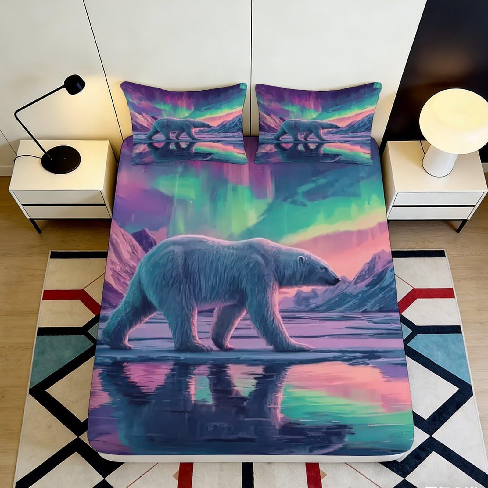 Pnayamiorkfel Style-2 3D Printed Aurora Borealis Fitted Sheet Microfiber Nordic Polar Bear Mattress Cover For Bedroom Dorm Home Decor 90X200x25cm