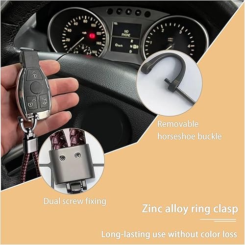 Miniatura 4 de Llavero de cuero de microfibra trenzada para automóvil, cuerda tejida de metal con anillo en D giratorio de 360 grados y destornillador, correa