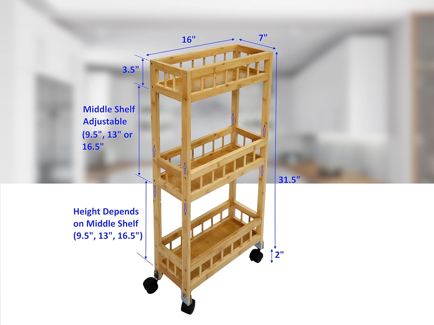 Bamboo Storage Cart - 3-Tier Wood Narrow Kitchen Cart with Adjustable Shelf Height and Wheels for Bar, Pantry, Bathroom, Laundry Room, Living Room