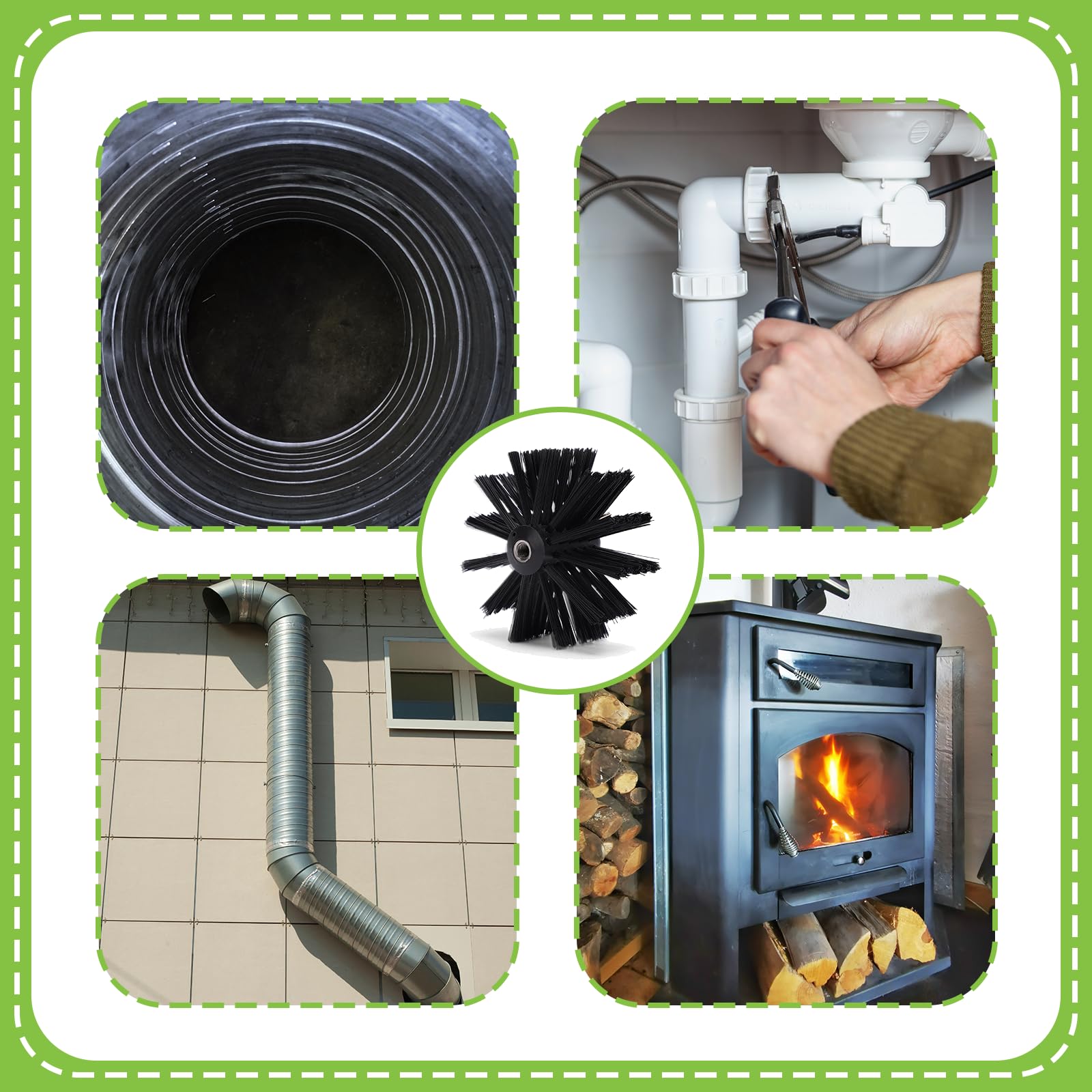 Set di 31 spazzole per camino Premium (150 mm) – 20 aste flessibili con 2 spazzole, spazzola per asciugatrici, guanti, custodia per camino, canna fumaria, cappa aspirante, asciugatrice