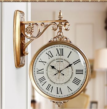 Large Double Sided Wall Clock,European Style Two Faces Wall Clock,Silent Hanging Clocks with Battery powered and 360Rotating Roman Arabic Numerals for Living room,Study,Hallway,BedroomAntique soil i