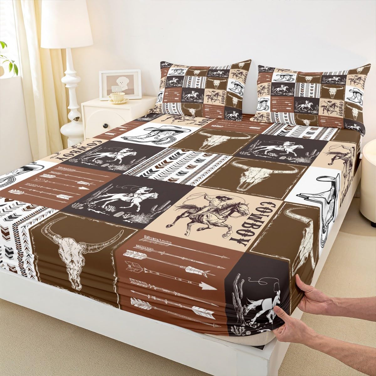 Parure de lit 2 pièces Manfei en polyester doux motif cowboy marron