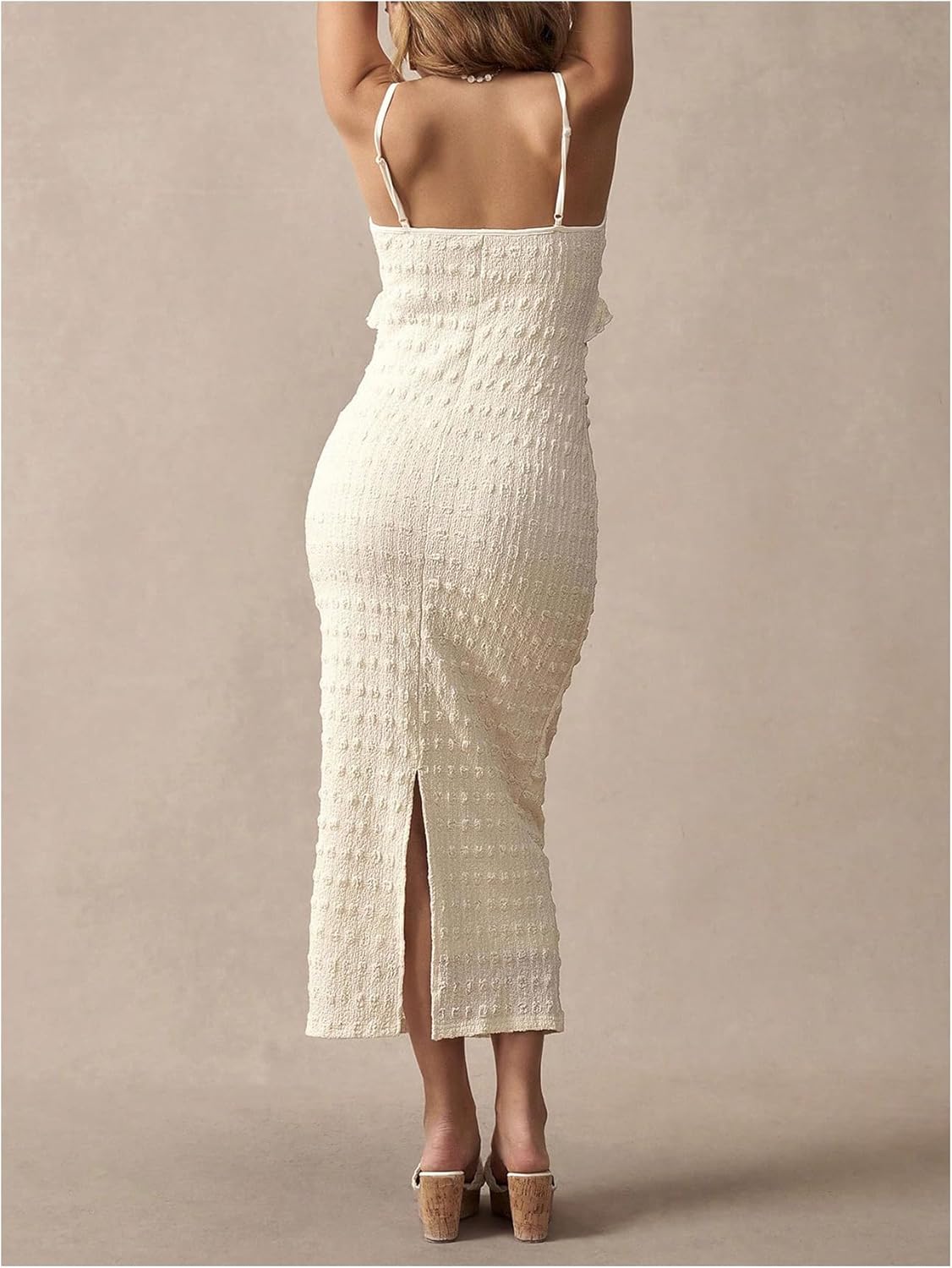 OYOANGLE Women's Maternity Dress Textured Spaghetti Strap Ruffle Slit Hem Pregnancy Dresses for Baby Shower - Image 2