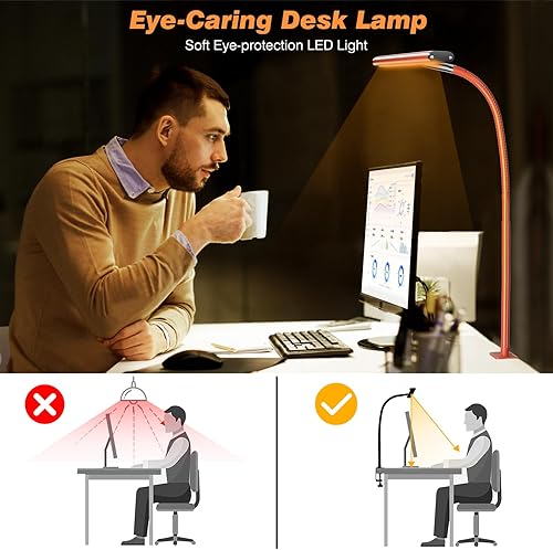 Miniatura 6 de Lámpara LED de escritorio para oficina en casa, luz con atenuación continua, cuello flexible ajustable, adaptador USB de 10 W, abrazadera para leer,