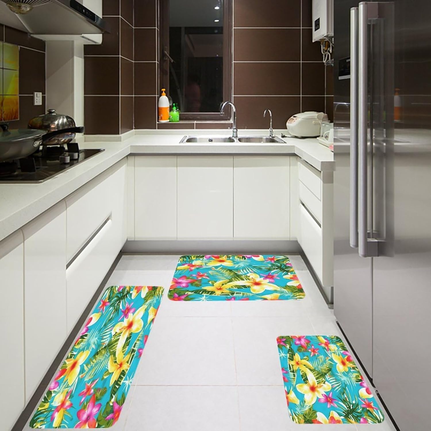 Summer Style Hawaiian Kitchen Mats Soft Absorbent Rugs for Floor Non Slip Washable Kitchen Mats Fashion Rectangular Rugs for Three-Piece Set for Laundry Office Home Sink