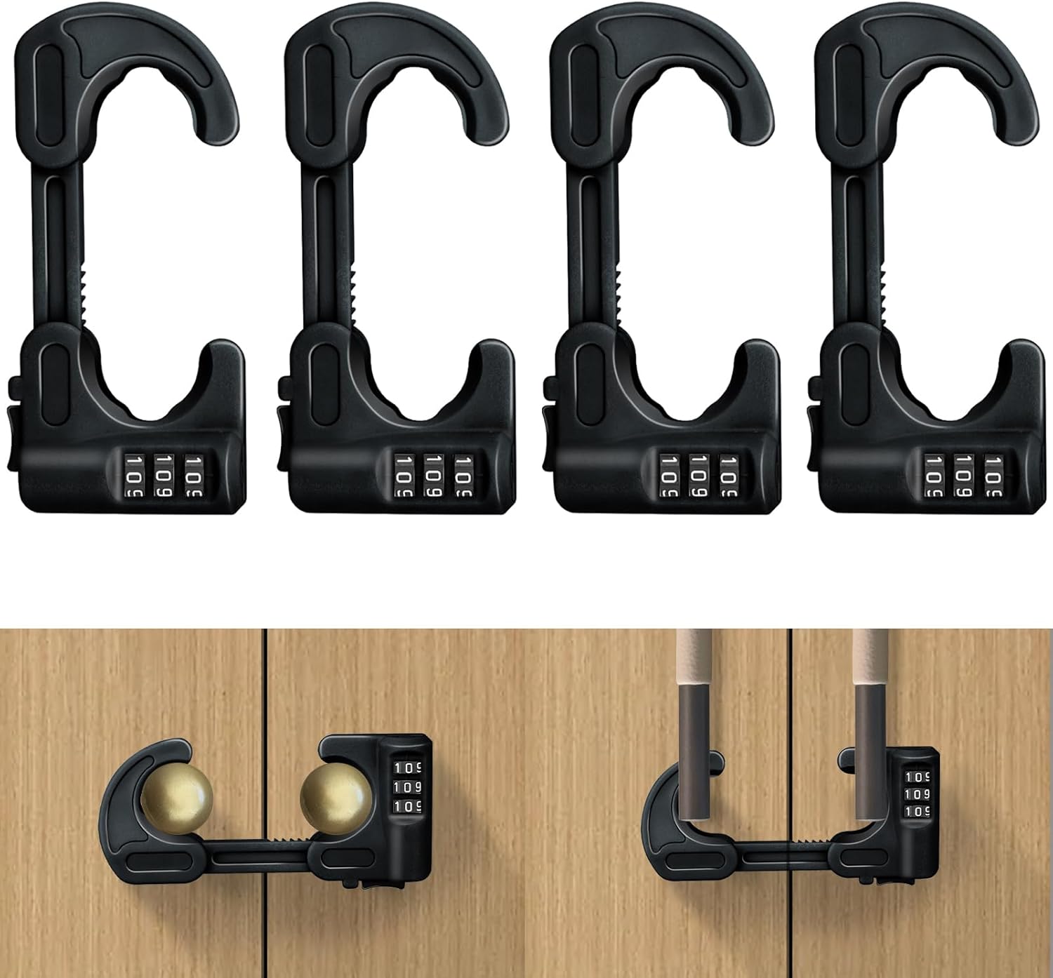 4 PACK Cabinet Locks Baby Proofing Child Proof Cabinet Lock with Combination Sliding Cabinet Door Locks Adjustable U Shaped Drawers Cupboard Locks Baby Safety Cabinet Latches for Knob Handle (Black)