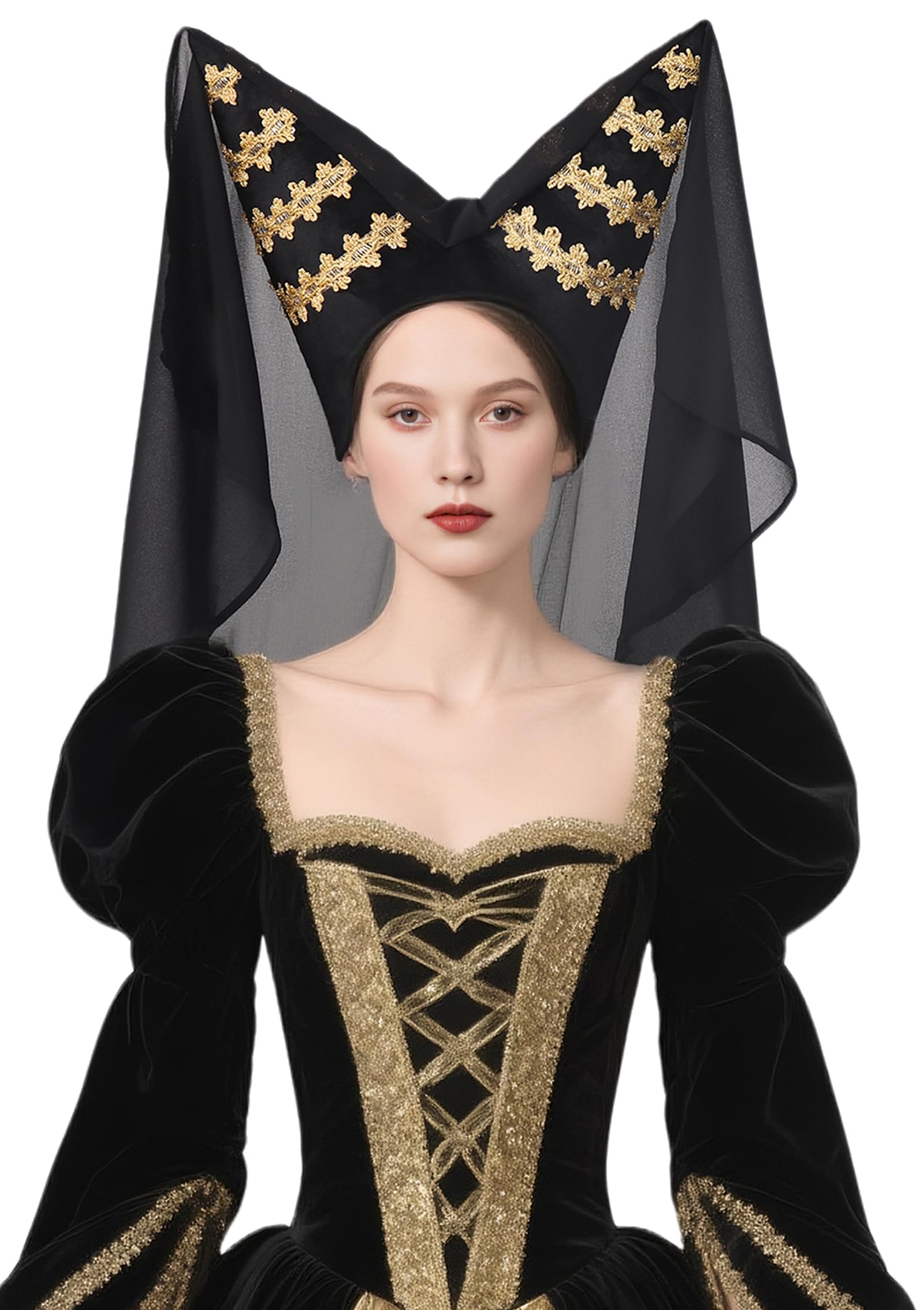 FURPHI Medieval Escoffion Hat with Veil Late Middle Ages Headwear for Women Halloween LARP Costume Accessories, Multicolor, Standard