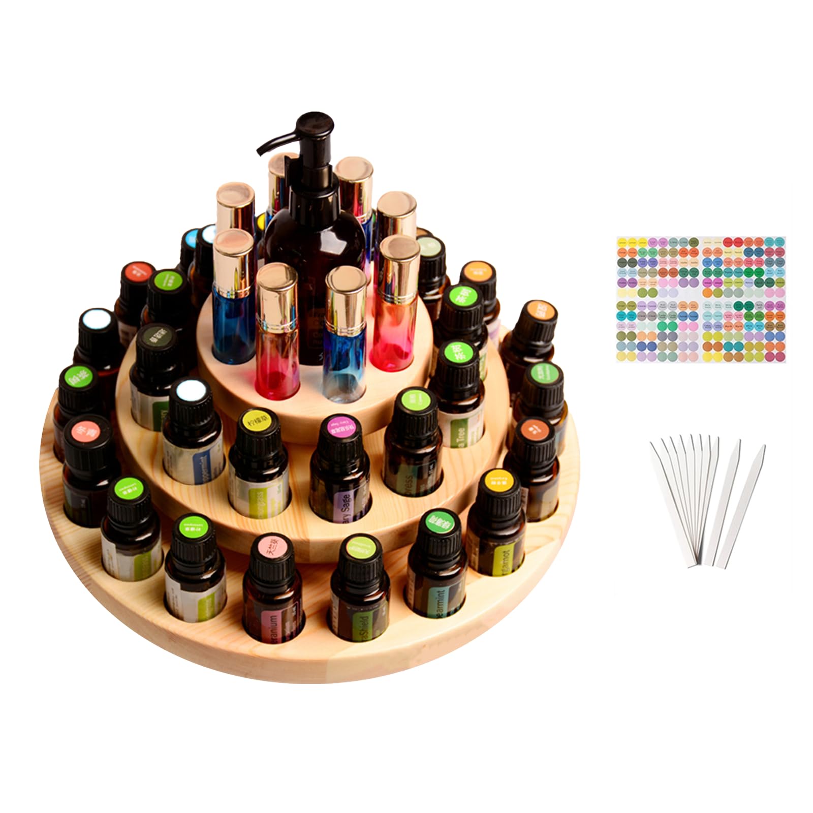 VolksRose Essential Oil Box, Wooden Storage Holds Organizer 39 Slots 3 Layers Essential Oil Container, Aromatherapy Natural Wood Round Rotating