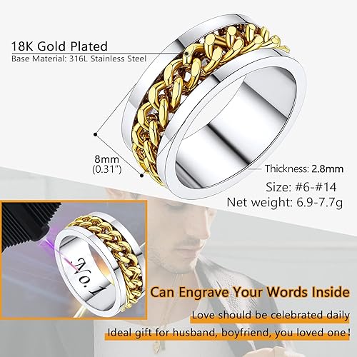 Miniatura 4 de PROSTEEL Anillo giratorio para hombre, anillos para la ansiedad, anillo de acero inoxidable de 0.11 pulgadas de grosor, cadena de eslabones cubanos
