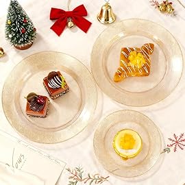WDF 200PCS Gold Plastic Plates - Gold Glitter Plastic Plates - Heavy Duty Gold Glitter Disposable Plates - Include 100 Dinner Plates 10 and 100 Dessert Plate 7 for Thanksgiving Parties/Wedding