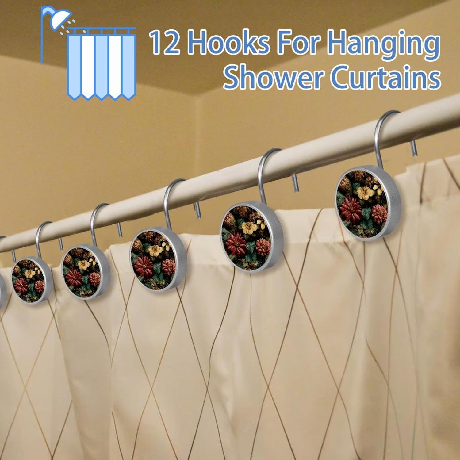 Set of 12 Vintage Plants Flower (1) Shower Curtain Hooks, Stainless Steel Rust-Resistant Decorative Hanger Rings
