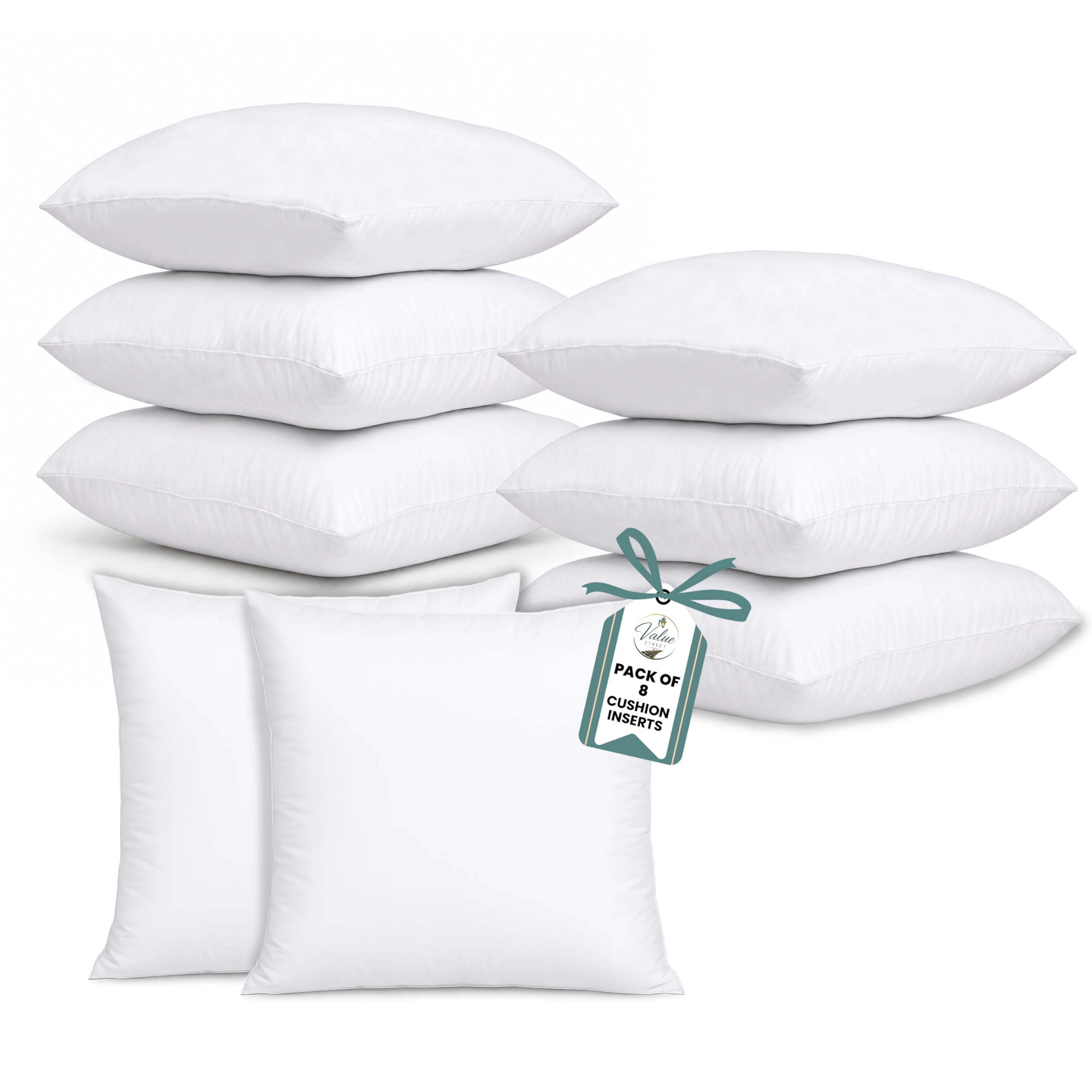Value Street Cushion Inserts 35cm x 35cm Pack of 8– Hypoallergenic Hollowfibre Cushion Pads – Soft & Supportive Sofa Cushions, Stays Fluffy for Longer Anti-Allergy Bounce Back Square Pillows (14"x14")