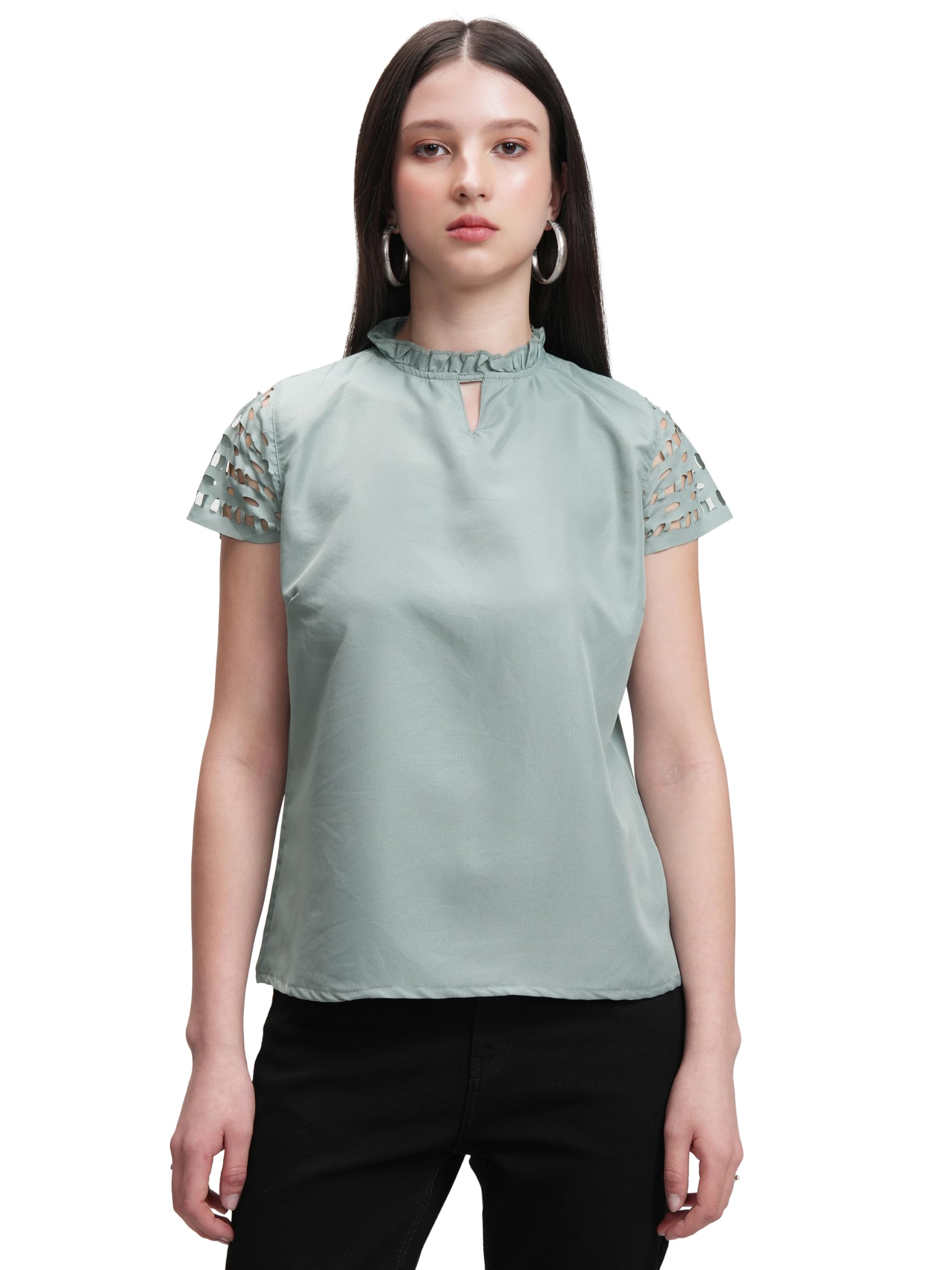 tokyo talkies Women's Self-Design A-Line Top | Lace Short Sleeves | High Neck with Keyhole | Elegant & Feminine | Perfect for Casual Wear | Tops for Woman | Women Tops | Stylish Top-picture-32