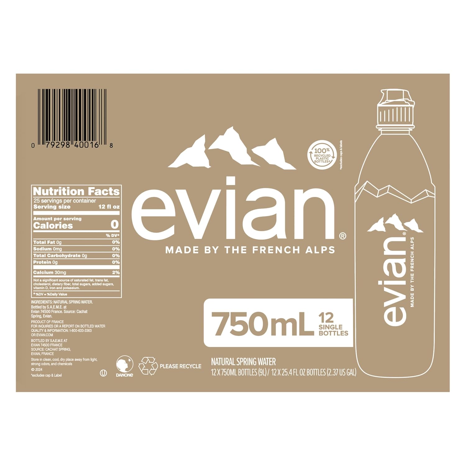 evian Natural Spring Water, 750 ml (25.36 fluid ounce) Water Bottle with Sports Cap, 12 Pack