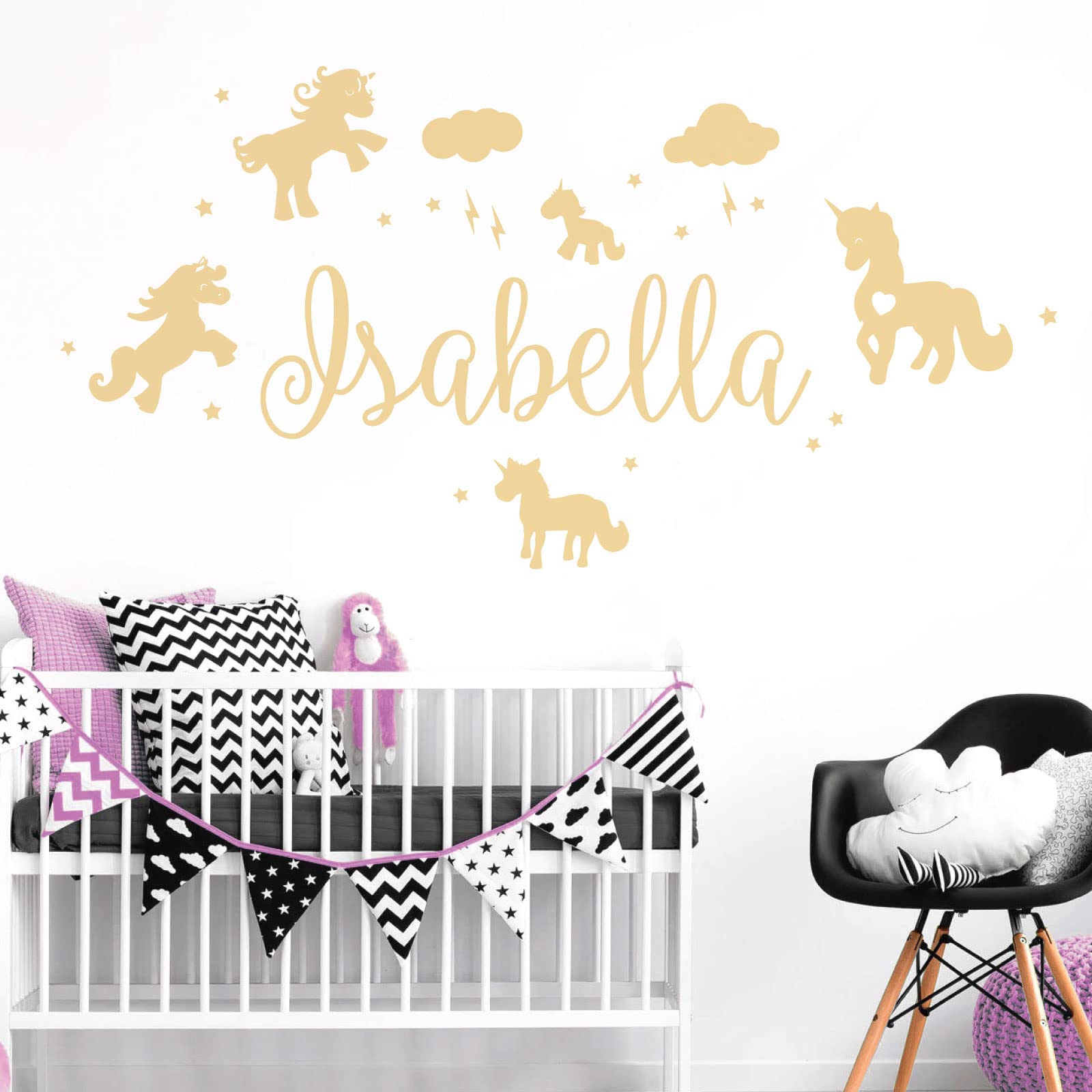 Unicorns, Stars & Clouds - Personalised Name Girls Wall Art Sticker [Large] [Cream]