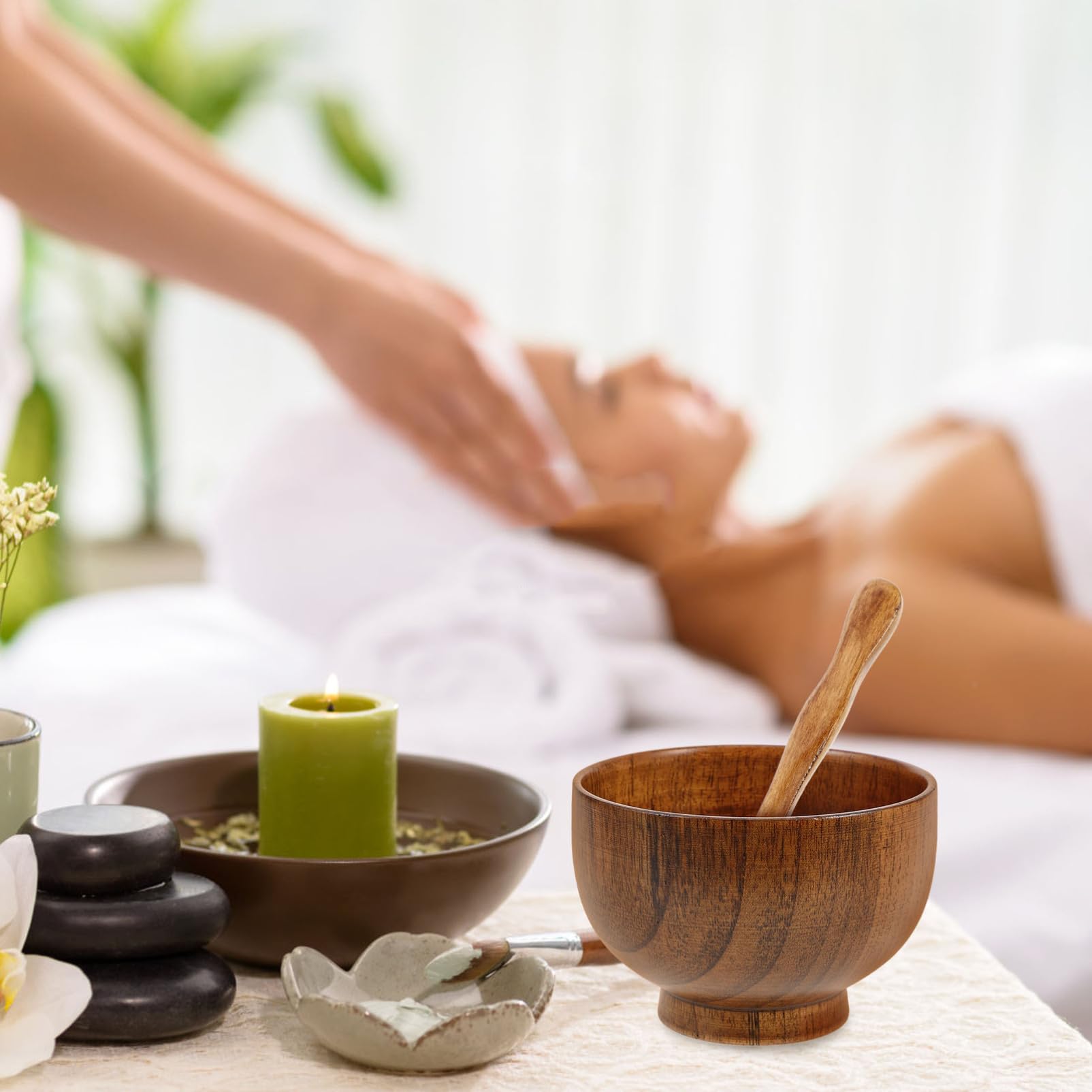 Gogogmee Wooden Facial Mask Mixing Bowl Diy Mask Tool Spatula Smooth for Easy Clean Portable for Travel