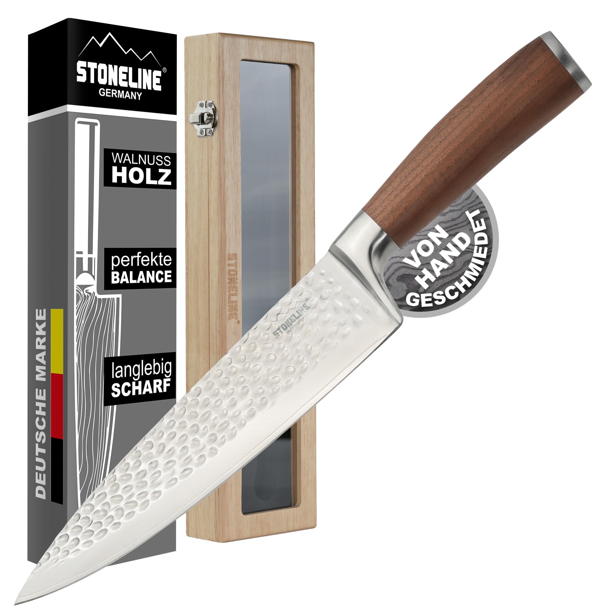 STONELINE Cuchillo Chef de Acero Damasco 34 cm, Hoja Martillada Extremadamente Afilada de 20,3 cm, 67 Capas, Cuchillo Cocinero Uiversal Profesional, Mango de Nogal, Embalaje Madera, Cuchillo Cocina