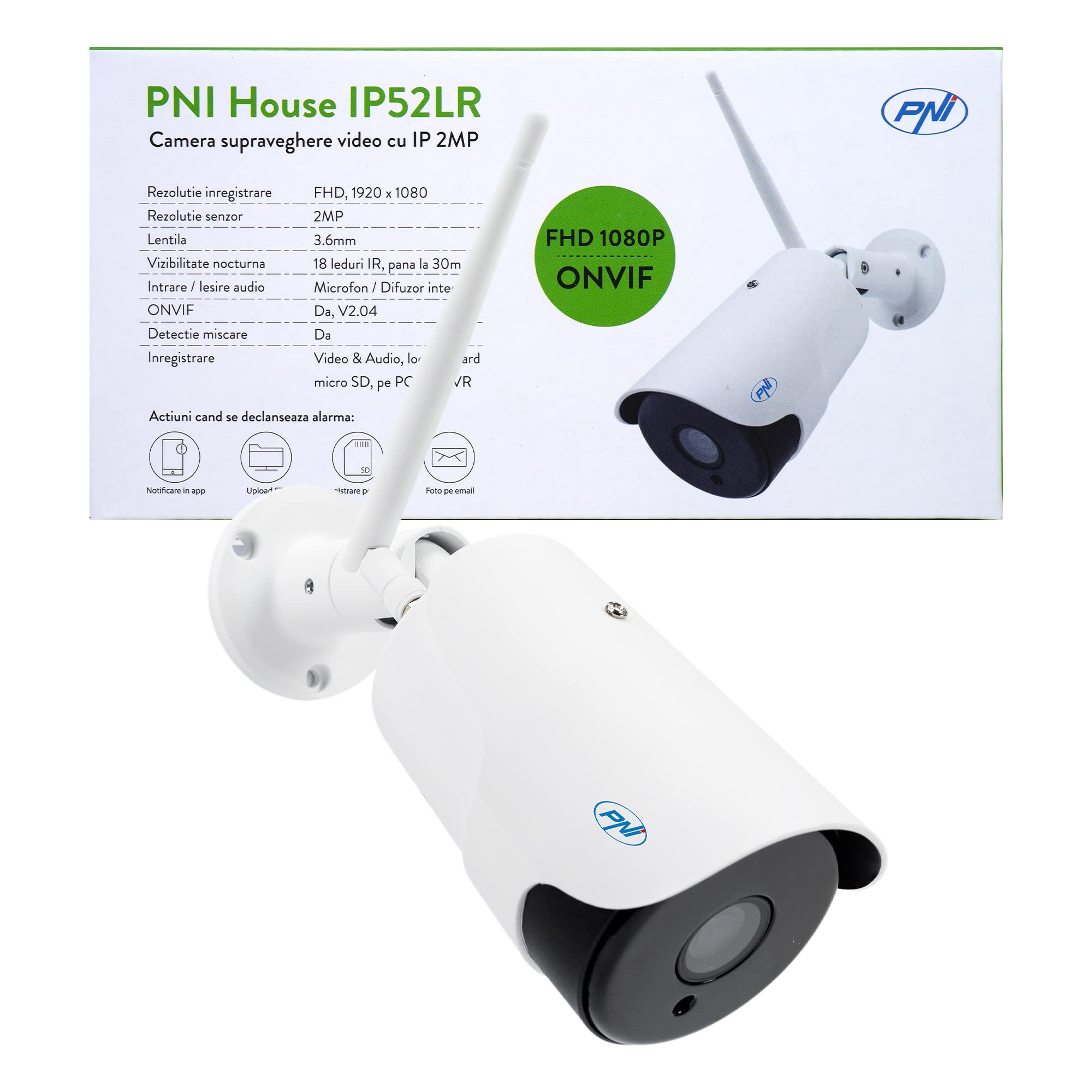 Kamera do monitoringu wideo PNI House IP52LR 2MP 1080P bezprzewodowa z zewnętrznym i wewnętrznym gniazdem i microSD, tryb nocny