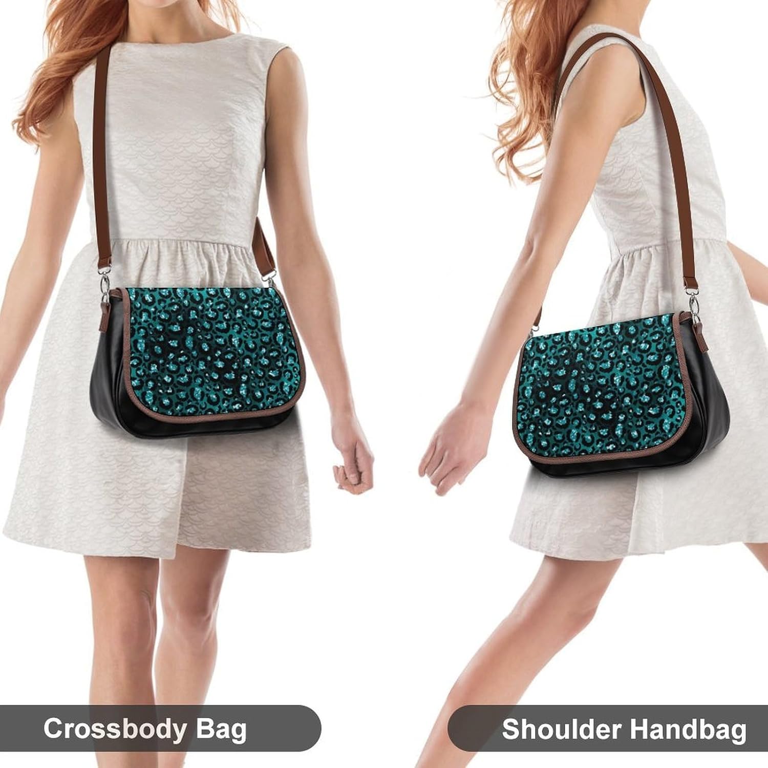 Teal Ombre Black Glam Glitter Leopard SpotsWomen's Faux Leather Crossbody Bag, Waterproof Wrinkle-Resistant Shoulder Bag with Detachable Strap, Large Capacity Casual Handbag, Fashion Daily Purse for