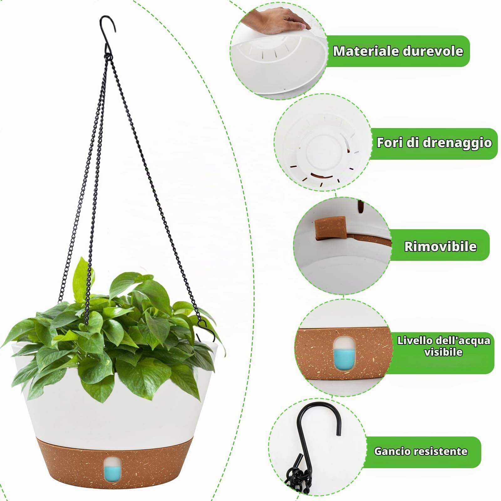 Set 2 Vasi da Fiori Sospesi 25cm, Vasi Auto-Irriganti con Fori di Drenaggio e Sottovaso Rimovibile, Catena 43cm per Balcone, Giardino, Terrazza e Interni