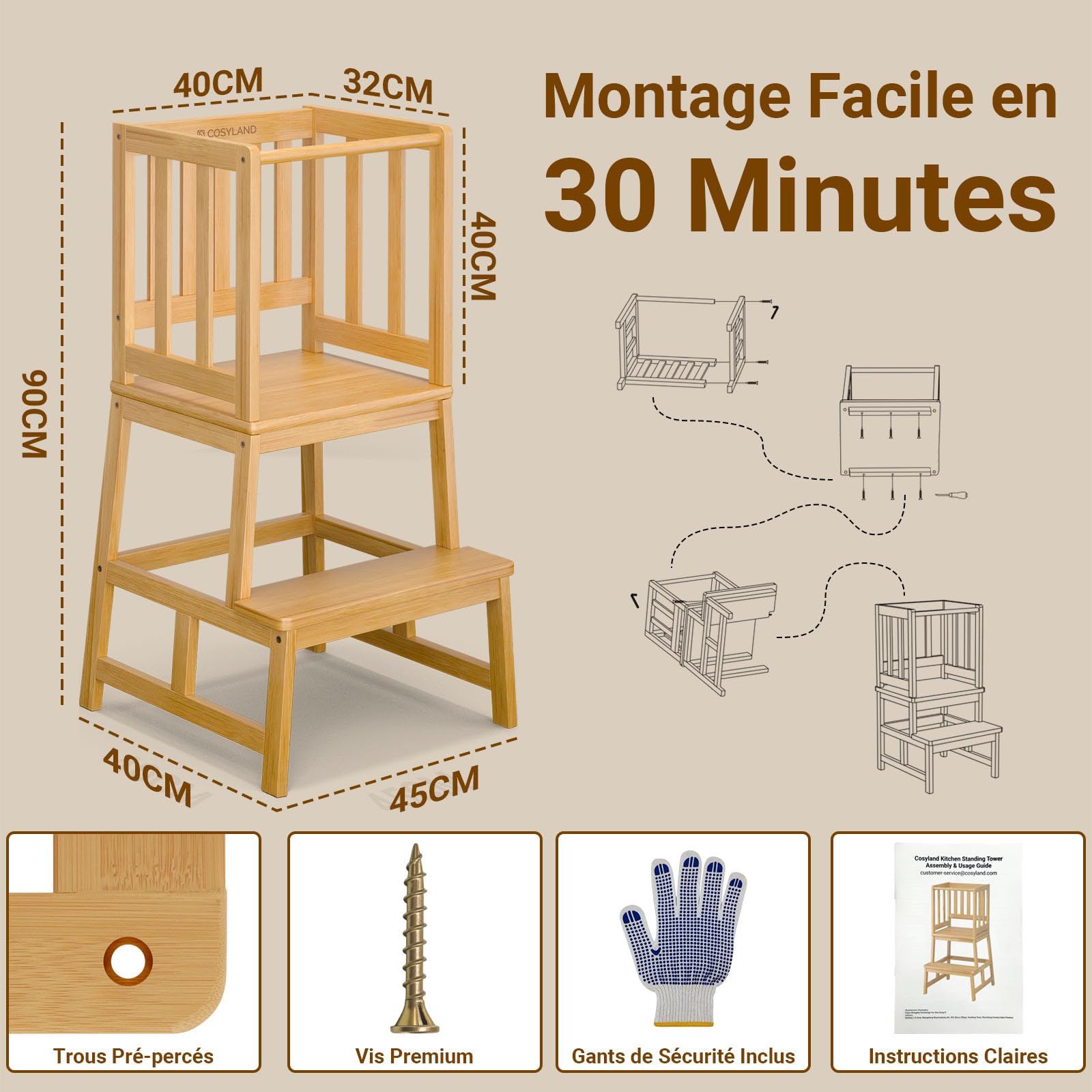 COSYLAND Tour d’Apprentissage Montessori pour Enfants, Sûre et Stable, Learning Tower Couleur Naturelle