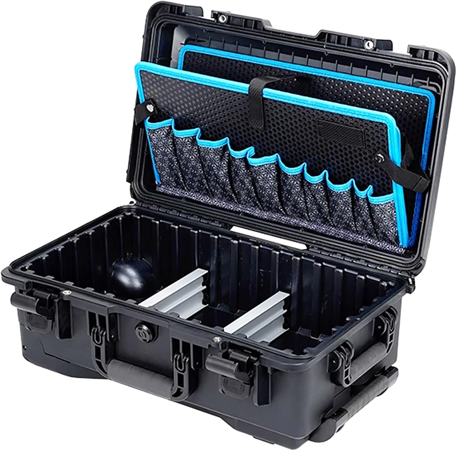 BORY Rolling Tool Case with Telescoping Handle and Wheels, 22.04 x 14.17 x 9.05 inch Hard Organizer Box with Pocket Tool Boards, Aluminum Dividers for Technicians (Black)