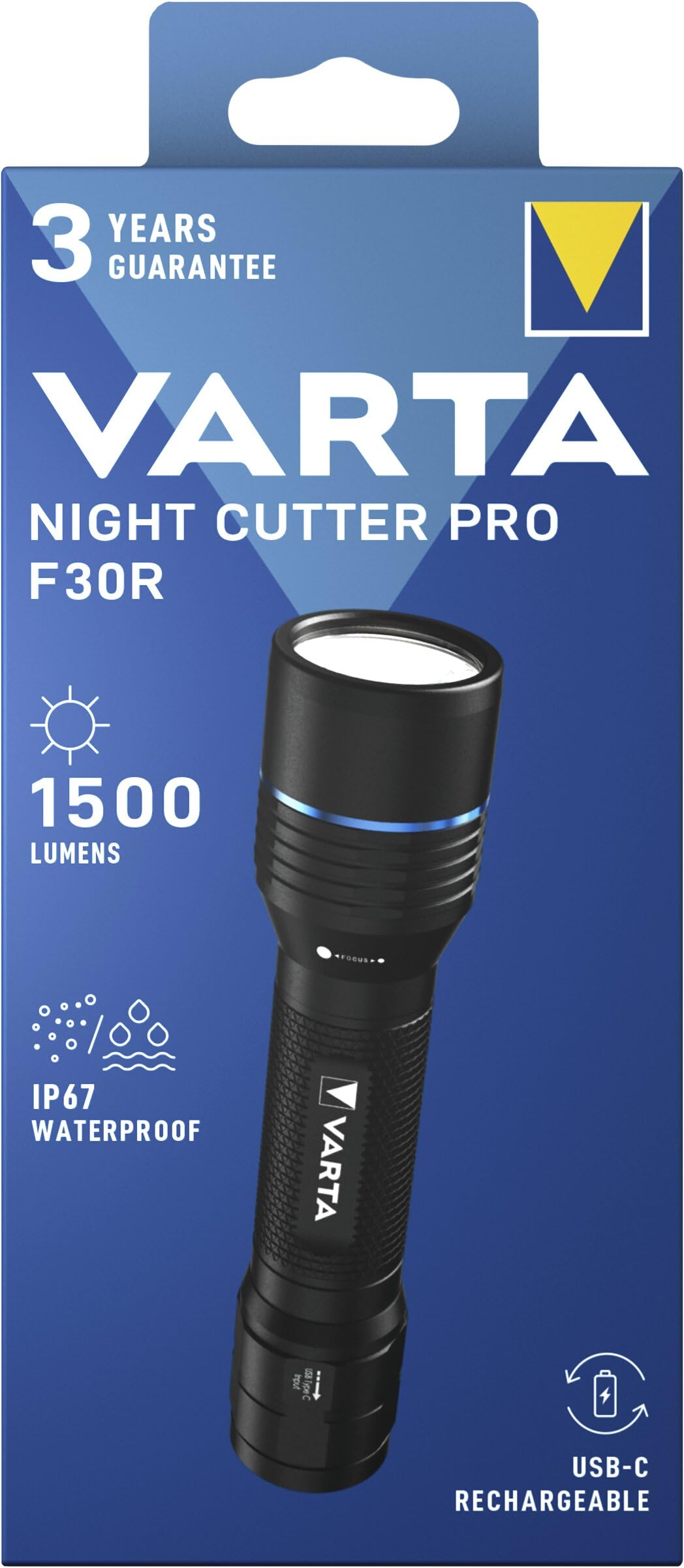 VARTA Lampe Torche LED rechargeable, Night Cutter Pro F30R, Lampe torche pour l'extérieur et la maison, 1500 lm, étanchéité IP67, aluminium aéronautique, mise au point précise, dragonne incluse