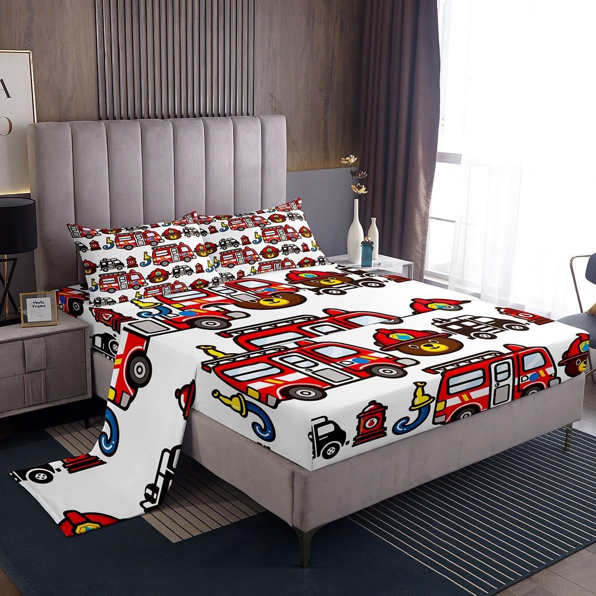 Fire Truck Sheet Set Kids Cartoon Car Sheets with Deep Pocket Fitted Sheet for Boys Firefighter Bed Sheets Set Breathable Firemen Car Vehicle Fire Engine Cute Bear Bedding Set Room Decor Ful