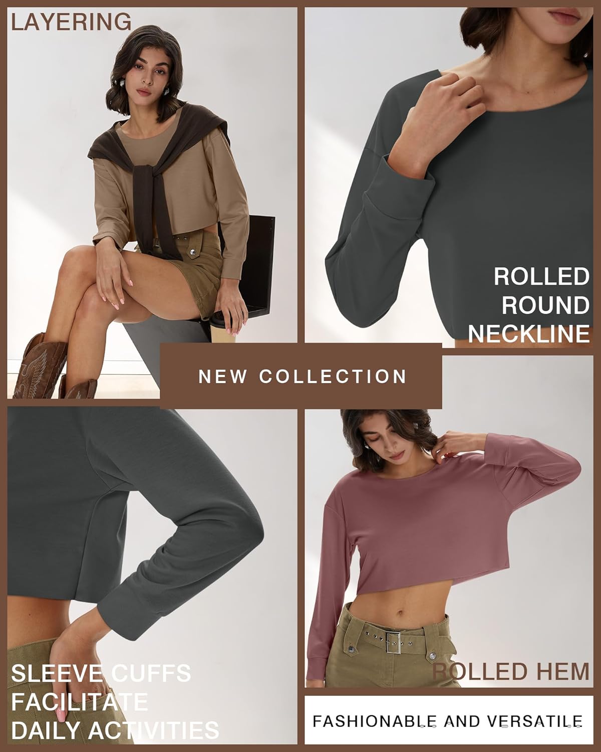 Neer 3 Pack Women's Cropped Long Sleeve Tops, Scoop Neck Loose Fit Sweatshirt Drop Shoulder Casual Basic Crop Tees - Image 5