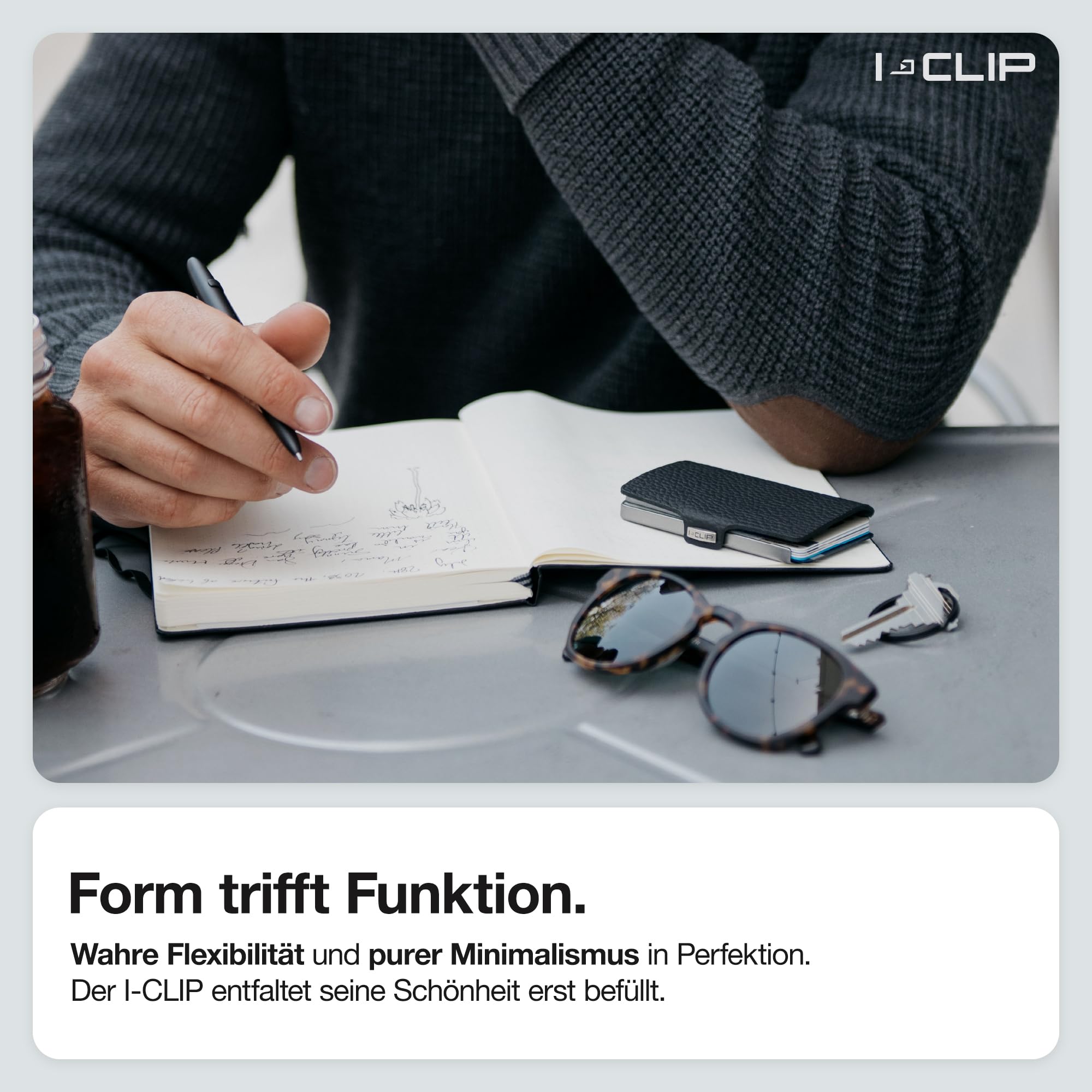 I-CLIP Original Herren Geldbörse - Slim Wallet mit Geldklammer - Mini-Portemonnaie mit Platz für bis zu 12 Karten - Ultraleicht mit nur 22g - Echtleder in Carbon-Optik - Schwarzer Rahmen