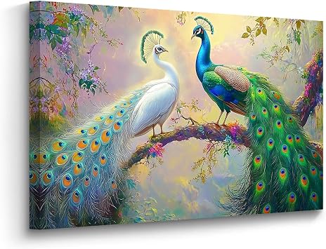 BJYCHG Peacock Couple Wall Art Blue and White Peacock Pictures Prints Elegant Animal Painting Canvas Prints Romantic Artwork for Bedroom Decor Framed Green, 20L x 30W