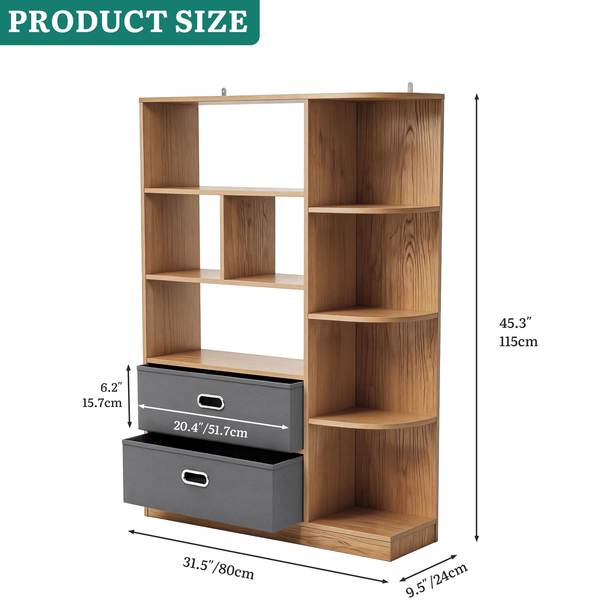 YITAHOME Librería Independiente con 8 estantes Abiertos y 2 cajones (tapizada), para salón, Dormitorio u Oficina, Acabado Roble, 80 cm (Ancho) × 24 cm (Profundidad) × 115 cm (Alto)